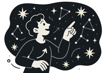 Fototapeta premium Cosmic Wonder. Wonder in the sky. A figure pointing upward while surrounded by glowing constellations and spark-shaped stars. A dreamy, cosmic atmosphere.