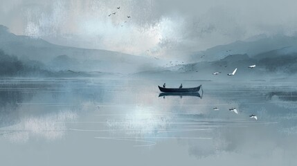 Serene lake scene with distant mountains, birds flying above a small boat, perfect for travel blogs or calming meditation apps, a peaceful, quiet moment