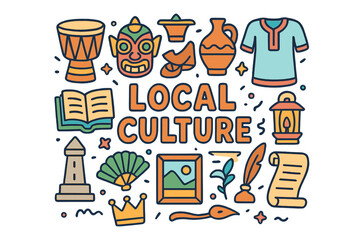 Fototapeta premium Colorful Local Culture Icons. Local Culture. Hand-drawn doodle illustration of Local Culture. drum, mask,