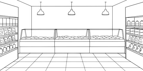 Grocery store shop interior black white graphic sketch illustration vector 