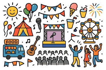 Vibrant Festival Celebration. Festival. Colorful Hand-drawn doodle Children illustration Tent, balloons, stage, food truck, ice cream, guitar, microphone,