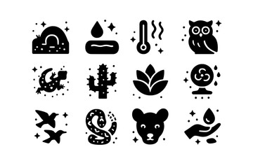 Fototapeta premium Desert Survival Icons. Desert adaptations. Solid icons set of animal burrow, water storage, heat resistance, nocturnal animal, camouflage, thorny plant,