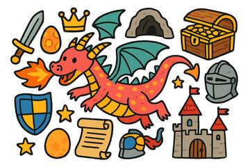 Dragon's Fiery Treasure. Dragon. Colorful Hand-drawn doodle Children illustration Flying dragon, wings, fire, scales, egg, treasure, crown, cave, sword,