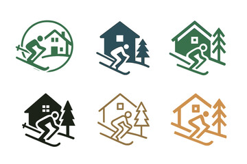 Fototapeta premium Skiing Logos Collection. Skiing. Set Logo of Skiing: chalet. harmonious logo variations of the same emblematic concept, each with different artistic