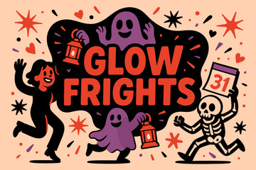 Glow Frights Festival. Glow Frights banner, flat vector illustration, bold oversized text inside rounded blob, cartoon characters dancing and running near