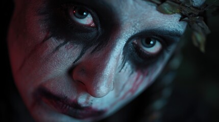 Naklejka premium Haunting transformation dark forest portrait eerie atmosphere close-up supernatural theme