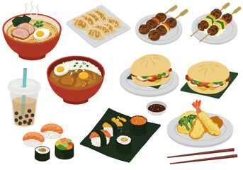 Delicious Asian Food Assortment Ramen, Sushi, Dumplings & More