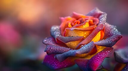 Close up of colorful rose petals with water droplets glistening on them