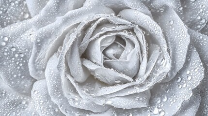 Close up of White Rose with Water Droplets on Petals Background