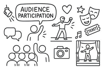 Fototapeta premium Audience Participation Doodles. Audience participation. Hand-drawn doodle illustration audience participation audience, speech bubble, heart, star, mask,