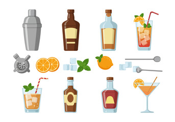 Cocktail Preparation Set with Ingredients and Bar Tools Illustration