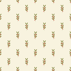Seamless pattern with mistletoe branches with red berries on a light background. Vector floral background.	