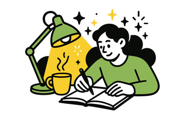 Late Night Inspiration. Late Night Writing. A glowing desk lamp casting light over a notebook and cup, abstract floating stars and sparks symbolizing ideas at