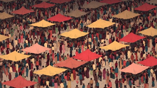 Vibrant crowd of people at an outdoor market with colorful canopies