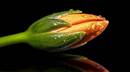 Close up of a water lily bud with dew drops on black background
