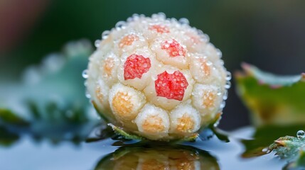 Close up of a strange red spotted fruit covered in water droplets macro