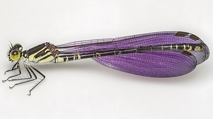 Detailed close up of purple damselfly with transparent wings illustration