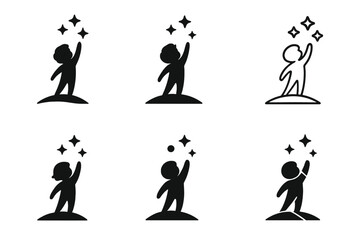 Child's Star Journey. Child's wonder. Set Logo of Emotion: child reaching for stars icon. harmonious logo variations of the same emblematic concept, each with