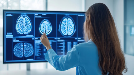 A medical expert thoroughly reviews advanced brain scans displayed digitally for comprehensive analysis