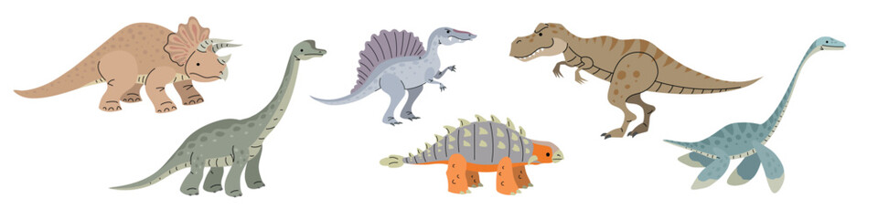 Set of cartoon flat modern style dinosaurs. Triceratops, Brachiosaurus, Spinosaurus, Ankylosaurus, Tyrannosaurus rex, Plesiosaurus. Jurassic age animals collection. Vector illustrations 