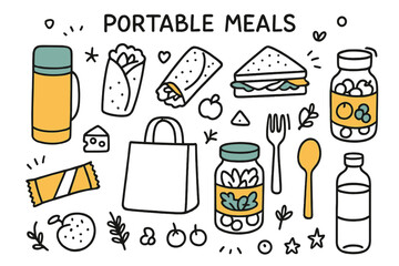 Colorful Portable Meals. Portable Meals. Hand-drawn doodle illustration thermos (colored), wrap, sandwich (colored), fruit cup, snack bar (colored), reusable