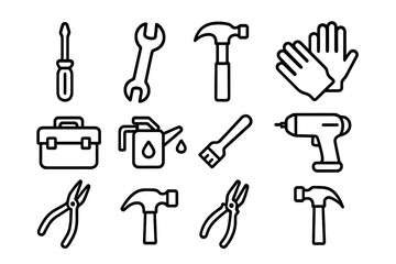 Fototapeta premium Tool Maintenance Icons. Tool maintenance. Line icon set of tool maintenance: screwdriver, wrench, hammer, gloves, toolbox, lubricant can, cleaning brush,