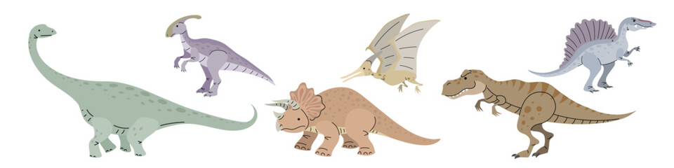 Set of cartoon flat modern style dinosaurs. Diplodocus, Parasaurolophus,  Pteranodon,Tyrannosaurus Rex, Troceratops, Spinosaurus. Jurassic age animals collection. Vector illustrations