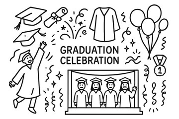 Graduation Celebration Doodle. Graduation celebration. Hand-drawn doodle illustration celebrating a graduation with a cap toss mortarboard hat, diploma tied