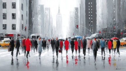 Fototapeta premium Urban scene with people walking in a rainy day city architecture backdrop