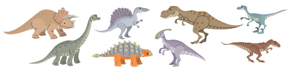 Set of cartoon flat modern style dinosaurs. Triceratops, Brachiosaurus, Spinosaurus, Ankylosaurus, Tyrannosaurus rex, Velociraptor, Allosaurus. Jurassic age animals collection. Vector illustrations