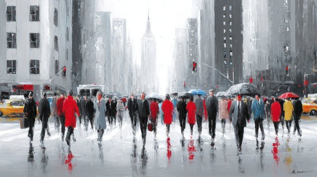 Urban scene with people walking in a rainy day city architecture backdrop