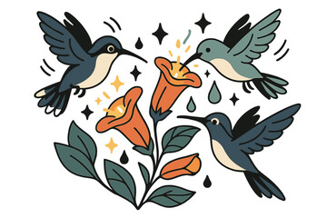 Hummingbird Floral Symphony. Hummingbird haven. Glowing nectar-rich tubular flowers with hummingbirds feeding. Floating icons of wings, droplets, and stars