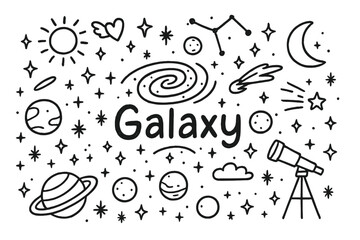 Galaxy Doodle Art. Galaxy. Hand-drawn doodle illustration of Galaxy. spiral galaxy, stars, planets, comet,