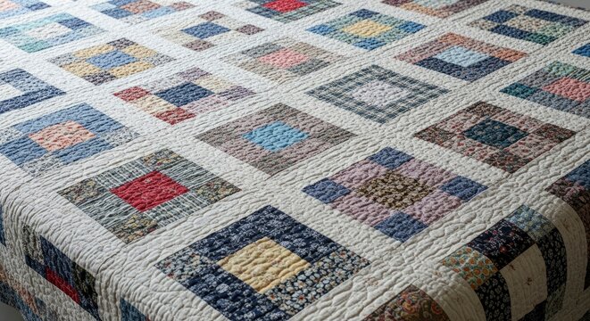 A detailed view of a handmade patchwork quilt featuring diamond-shaped blocks crafted from diverse colorful fabric squares with visible stitching texture