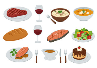 Assortment of Colorful Culinary Dishes Steak, Seafood, Soup, Salad and Dessert