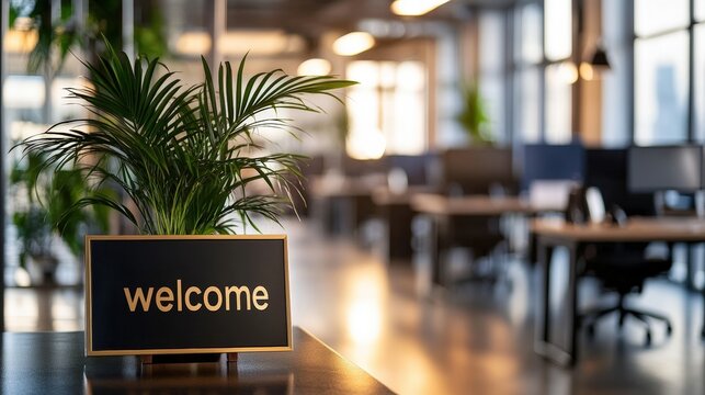 A stylish office space featuring a welcoming sign and a potted plant, showcasing a modern and inviting work environment.