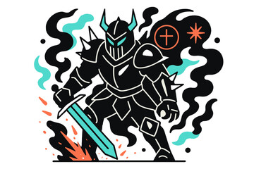 Glowing Dark Knight. Dark knight. A glowing black and silver suit of spiked armor, abstract floating smoke, sparks, and mystical symbols showing fear and