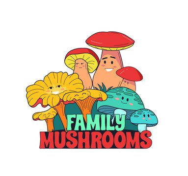 Funnt family mushrooms characters label design 