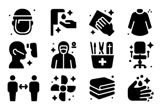 Salon Safety Icons. Salon Client Safety. Solid icons set of Salon Client Safety: face shield, hand sanitizing station, cleaning cloths, disposable capes,