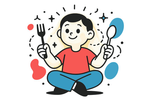 Anticipation and Glow. Waiting for Meal. A glowing child sitting with fork and spoon in hand, abstract floating spark and dotted lines symbolizing