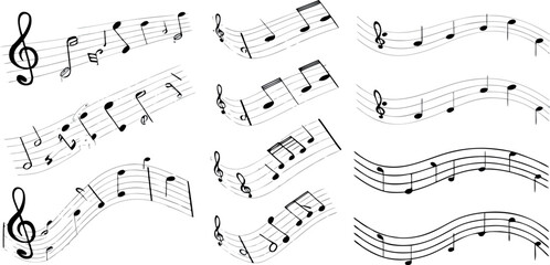 Flowing musical notes dancing across the page, inviting creativity and harmony — a symphony of black and white expression.