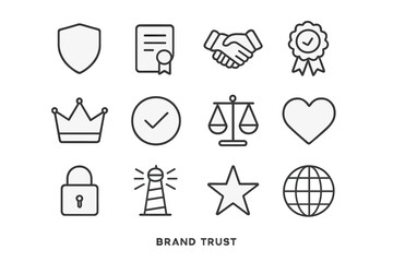 Brand Trust Icons. Brand Trust. Line outline icon set of Brand Trust: shield, certificate, handshake, ribbon