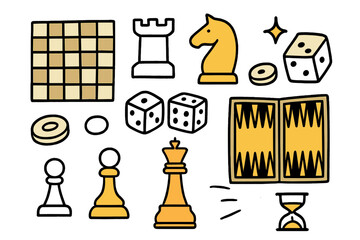 Classic Board Games. Classic Games. Hand-drawn doodle illustration chessboard (colored), rook, knight (colored), checker piece, dice, backgammon