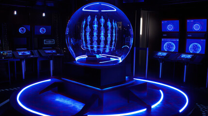 Crystal ball showing DNA sequences instead of future, genetic patterns glowing, biometric scanner interface surrounding it