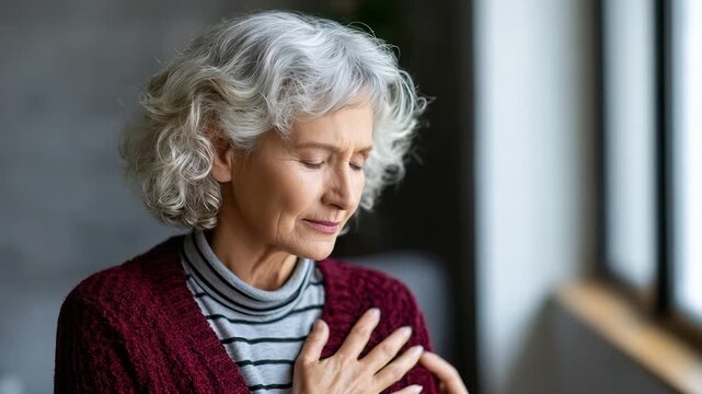 An elderly woman with gray hair, wearing a striped turtleneck and maroon cardigan, eyes closed with a hand on her chest, appearing serene.