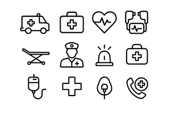 Emergency Icons Set. Emergency care. Line icon set of Emergency care: ambulance, first aid kit, heart monitor, defibrillator, stretcher, paramedic, siren,