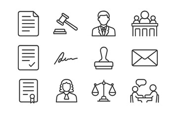 Deportation Icons Grid. Deportation Appeals. Line icon set of Deportation Appeals: legal document, gavel, lawyer, courtroom, petition, signature, stamp,