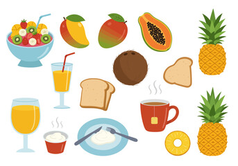 Delicious Tropical Food Illustration Set with Fruits, Drinks and Pastries