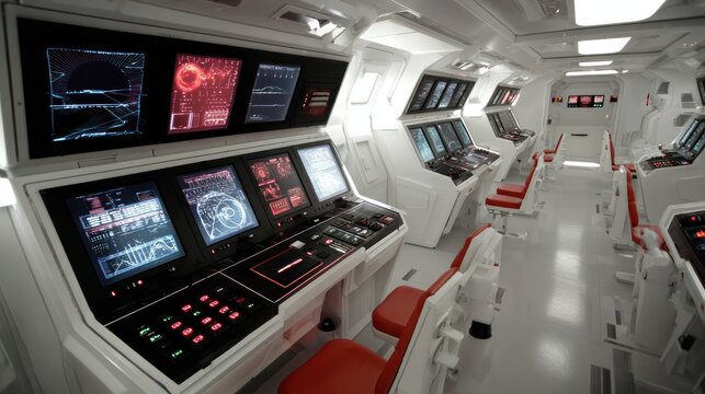 Futuristic control room interior with computer screens and red chairs