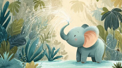 Adorable baby elephant splashing happily in a tropical jungle river, creating a whimsical, playful scene perfect for children's books and educational materials